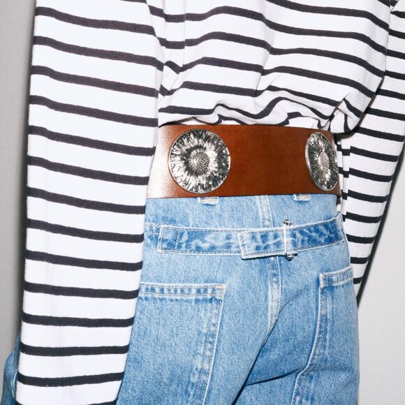 🌼 ZARA Wide Leather Floral Belt Brown Silver Metal Daisies 80 - Picture 4 of 14